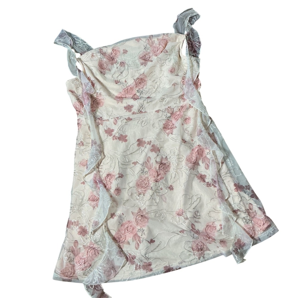 Cider Floral Embroidered Mesh Ruffle Mini Dress Womens L Beige Pink Fairycore